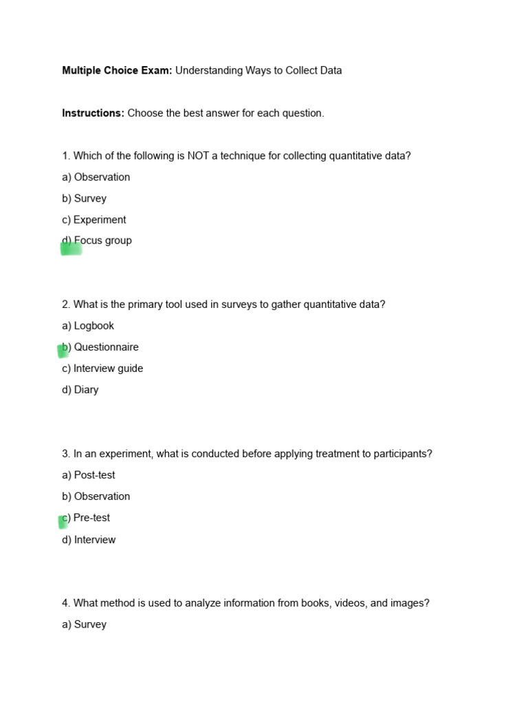 Data Collection Methods Exam Quiz | PDF | Survey Methodology | Focus Group