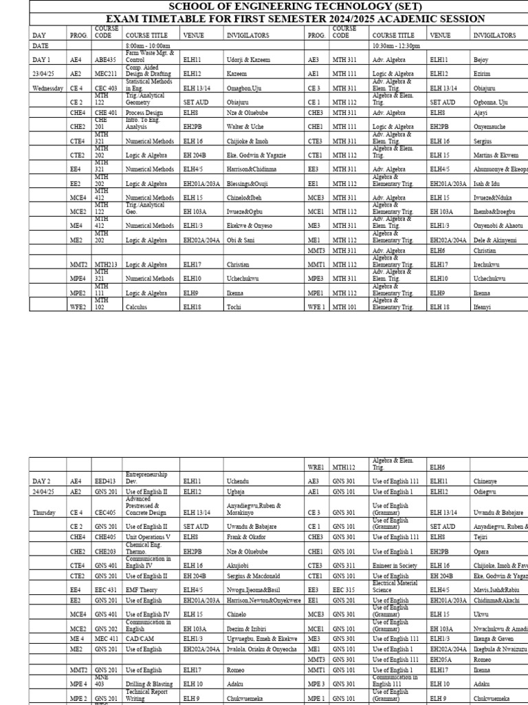 SET Engineering Exam Timetable 2025 | PDF | Physical Sciences | Engineering