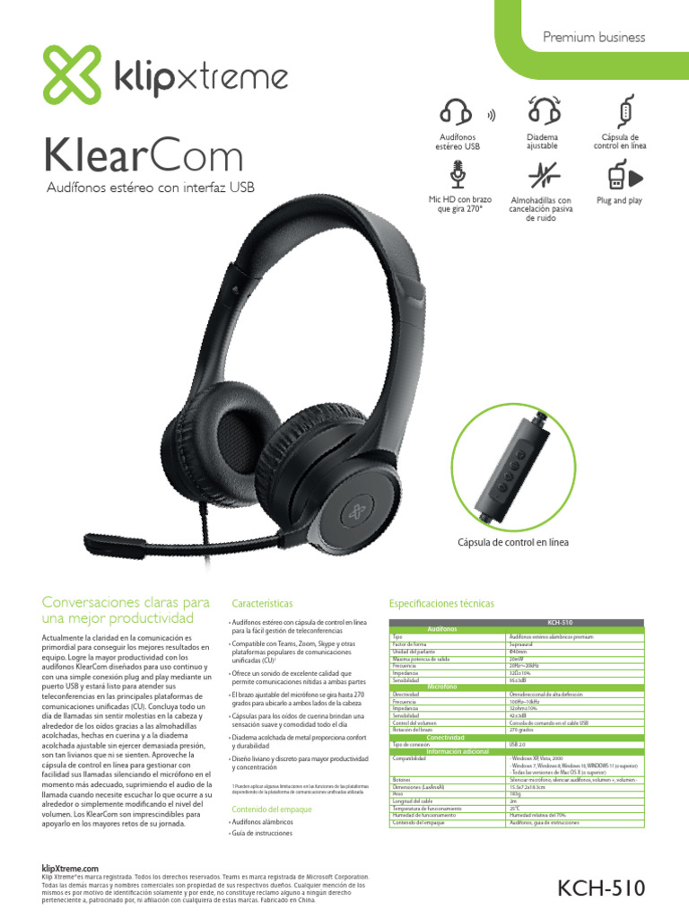 Audífonos KlearCom KCH-510 USB para Teleconferencias | PDF | Micrófono ...
