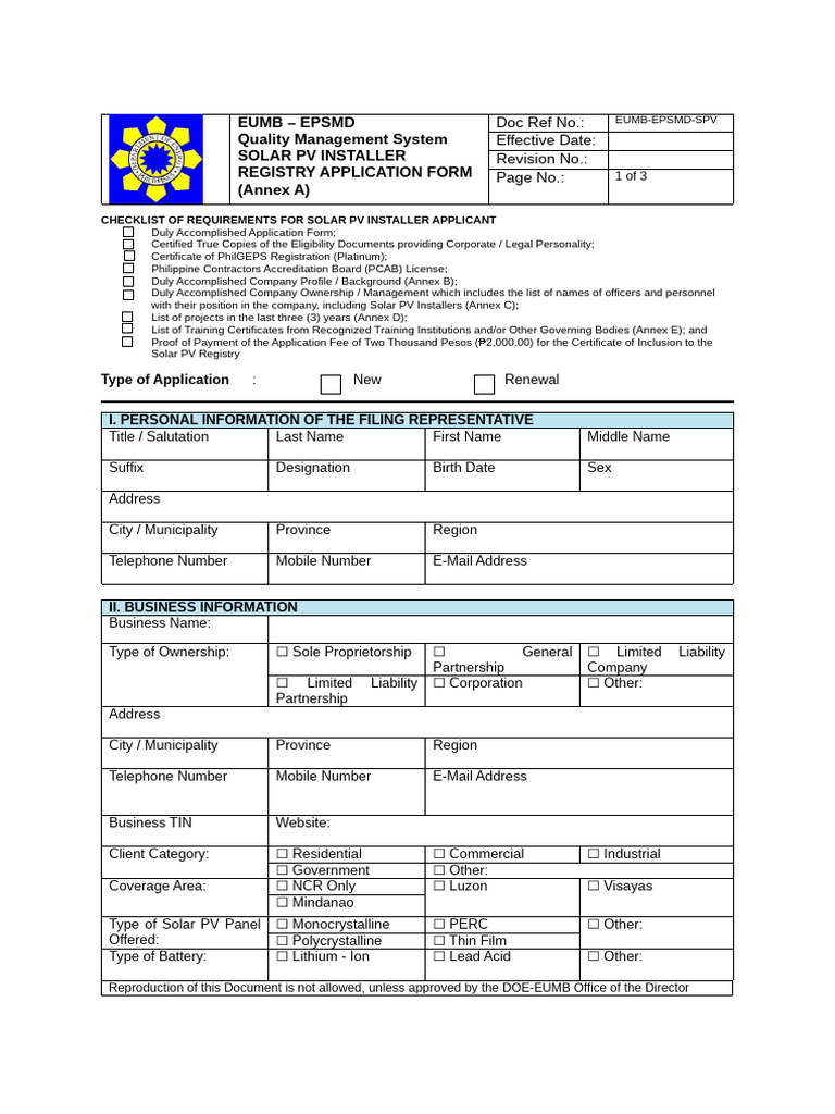 Annex A Solar Pv Installer Registry Application Form Pdf