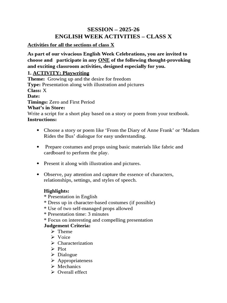 Class X English Week Activities | PDF