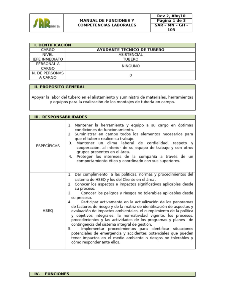 Manual de Funciones: Ayudante Tubero | PDF