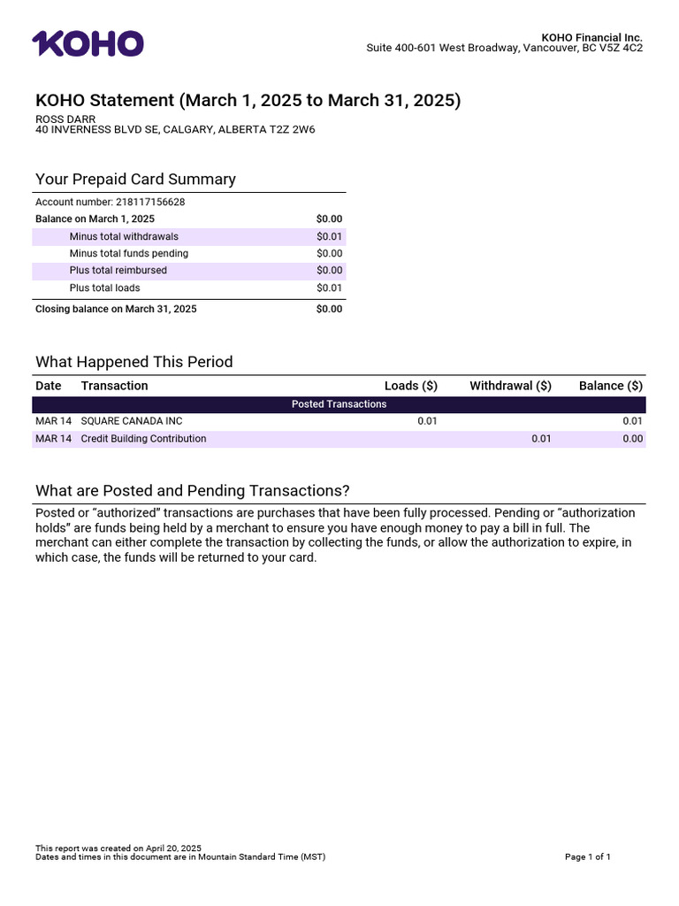 KOHO Statement Summary March 2025 | PDF