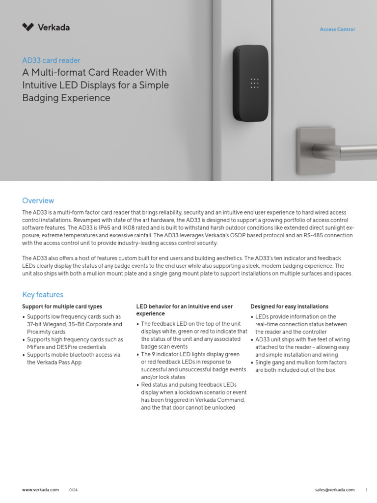 Verkada AD33 Card Reader Overview | PDF | Access Control | Electronics