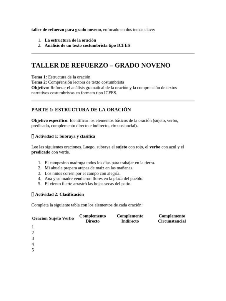 Taller de Refuerzo: Oraciones y Texto ICFES | PDF | Oración ...