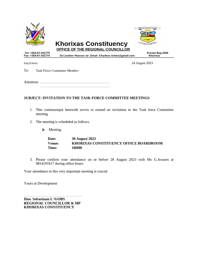 Invitation to Khorixas Task Force Meeting | PDF