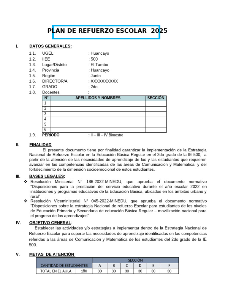 Plan de Refuerzo Escolar 2025 | PDF | Enseñando | Aprendizaje