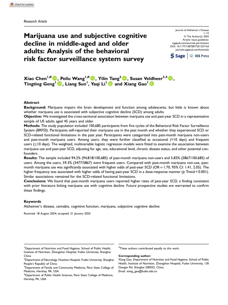 Marijuana Use and Subjective Cognitive Decline in Middle-Aged and Older ...