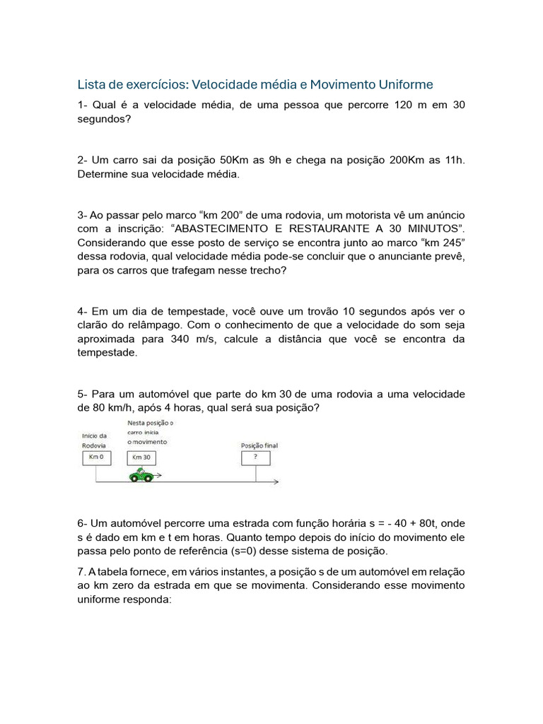 Exercícios de Movimento Uniforme e Velocidade | PDF | Velocidade | Tempo