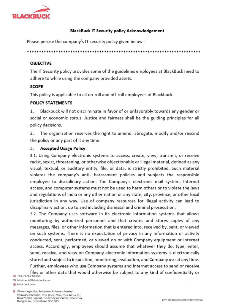 BlackBuck IT Security Policy Acknowledgment | PDF | Security | Computer ...
