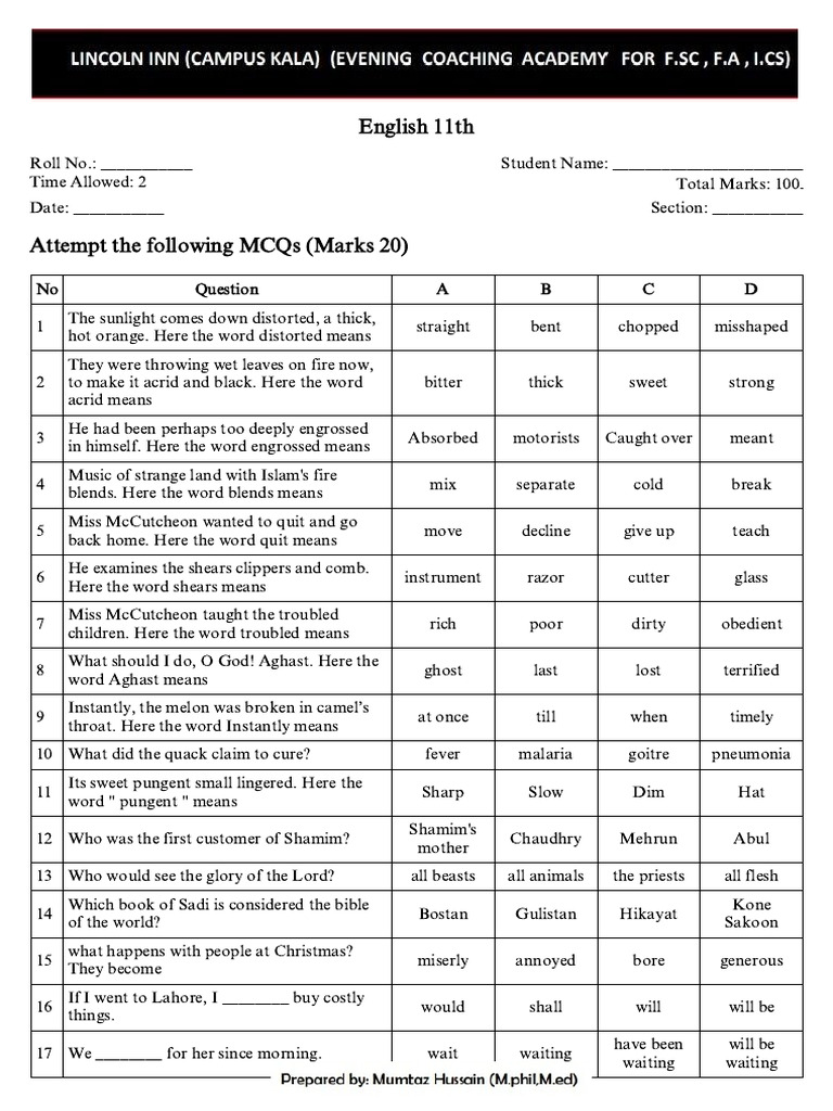English 11th Grade MCQ and Essay Test | PDF