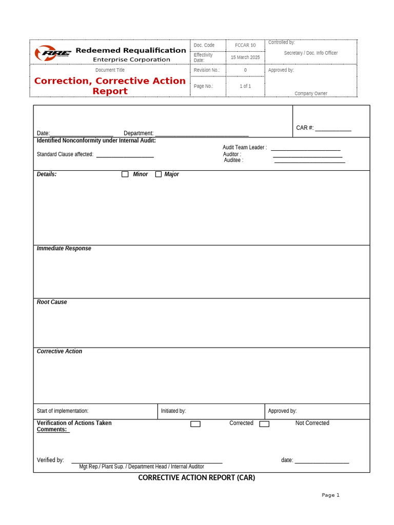 Corrective Action Report Template | PDF