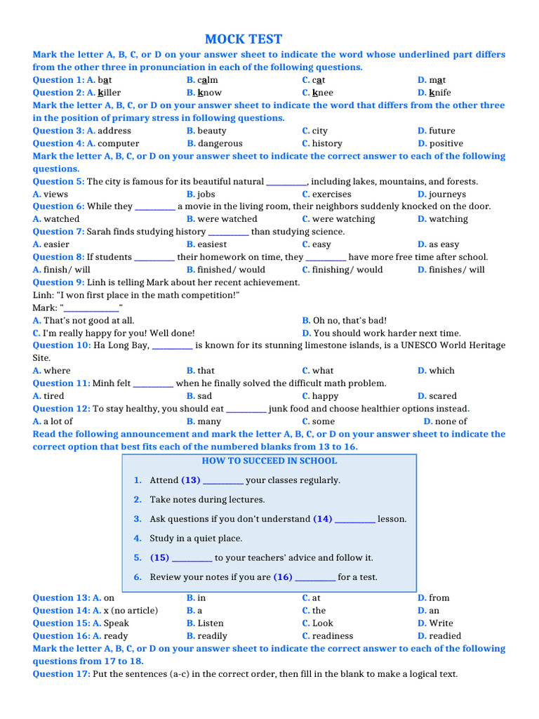 English Language Mock Test Questions | PDF | English Language | Traditions