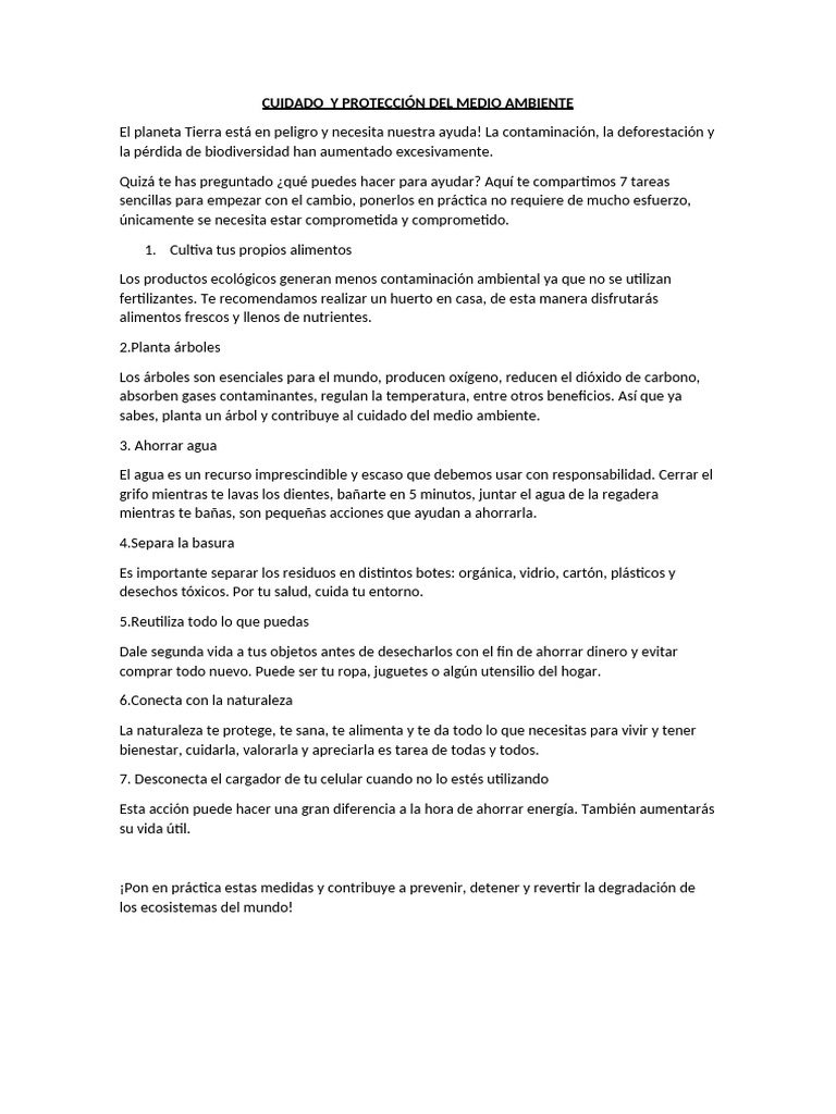 Cuidado y Protección Del Medio Ambiente | PDF