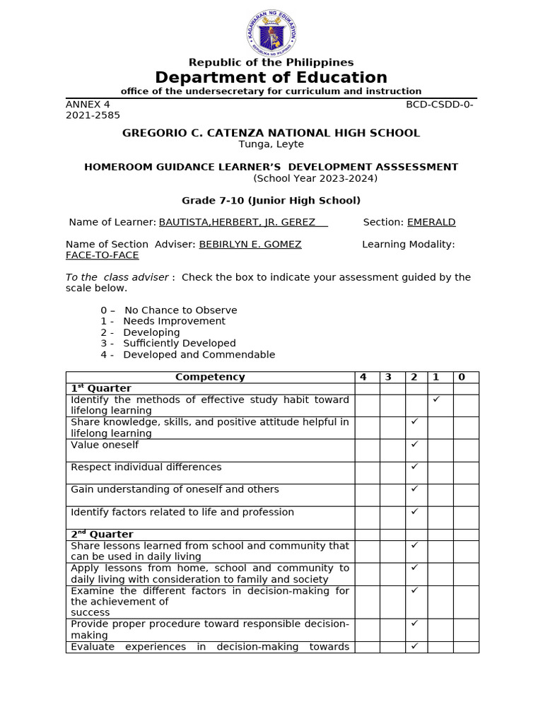 Homeroom Guidance Assessment 2023-2024 | PDF | Educational Assessment ...