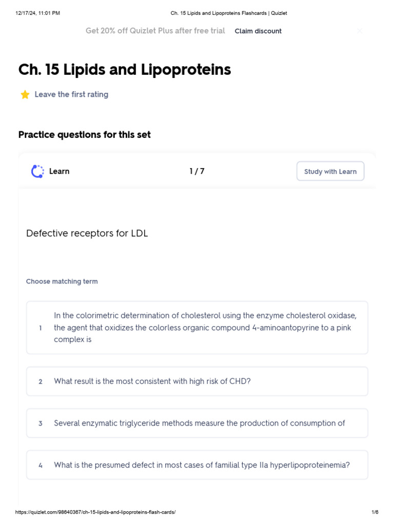 Ch. 15 Lipids and Lipoproteins Flashcards | PDF | Lipoprotein | Cholesterol