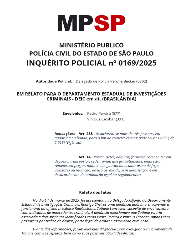 Inquérito Polícial #01692025 | PDF | Polícia