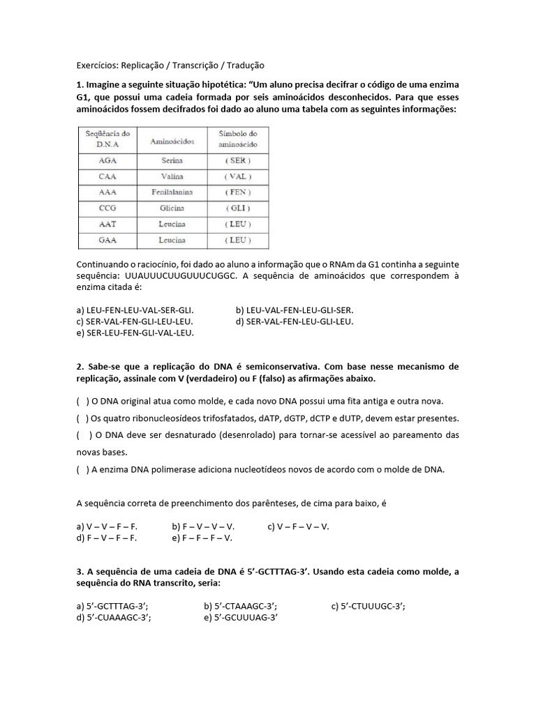 Exercícios sobre DNA e RNA | PDF | RNA | DNA
