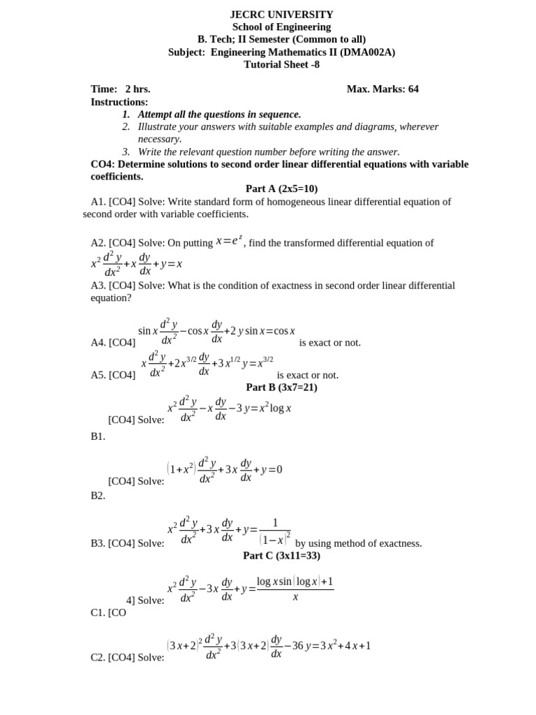 Engineering Mathematics II Tutorial Sheet | PDF | Equations ...