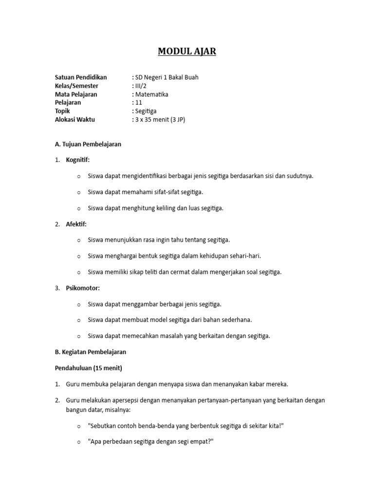 Modul Ajar Matematika Segitiga Kelas 3 | PDF