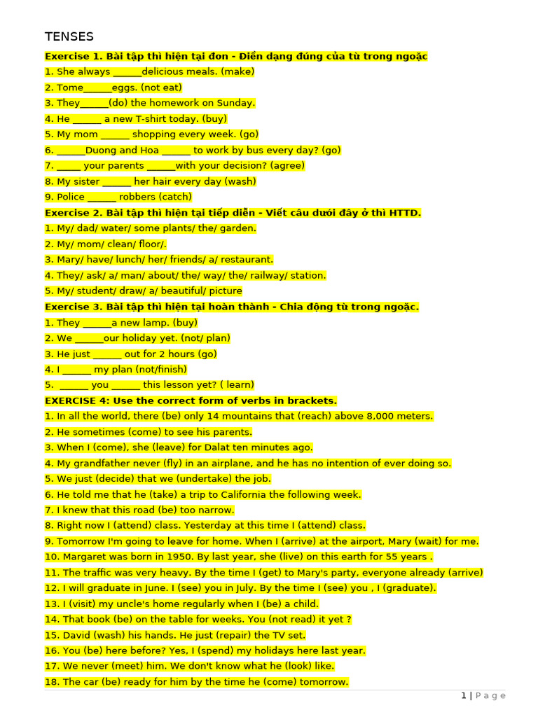 English Tenses Exercises for Practice | PDF