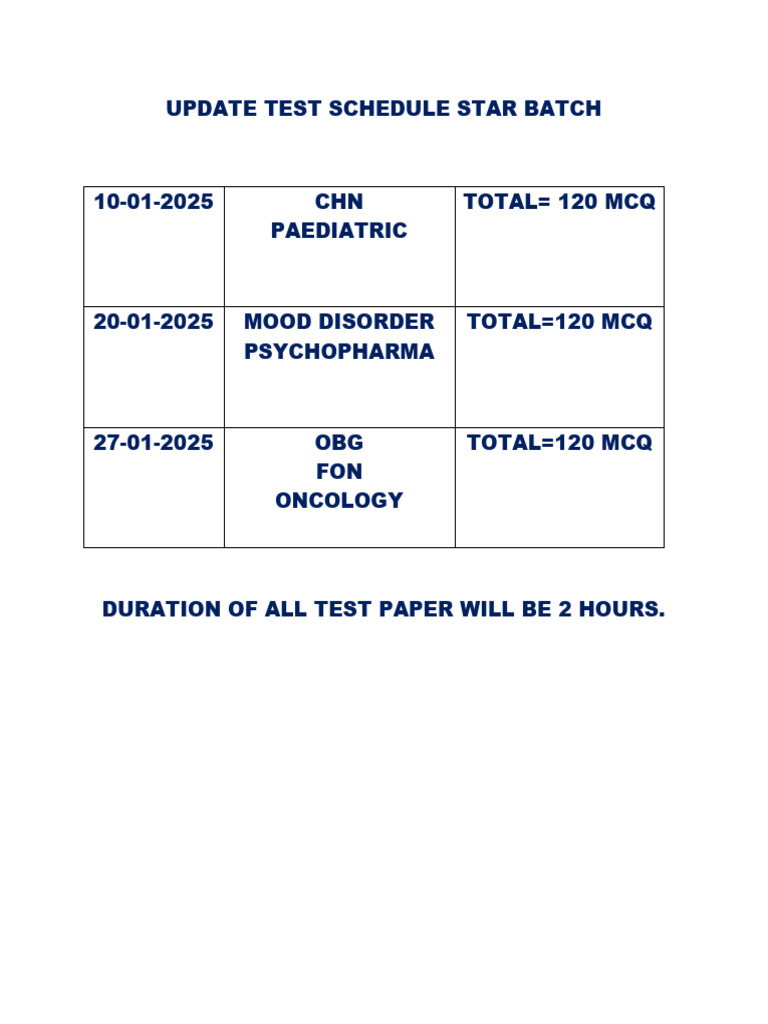 Test Schedule for Star Batch 2025 | PDF