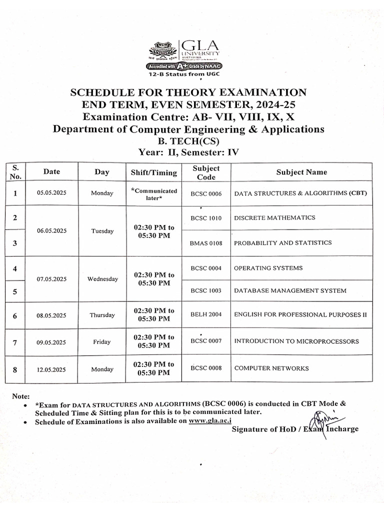 End Term Schedule - CEA Dept | PDF