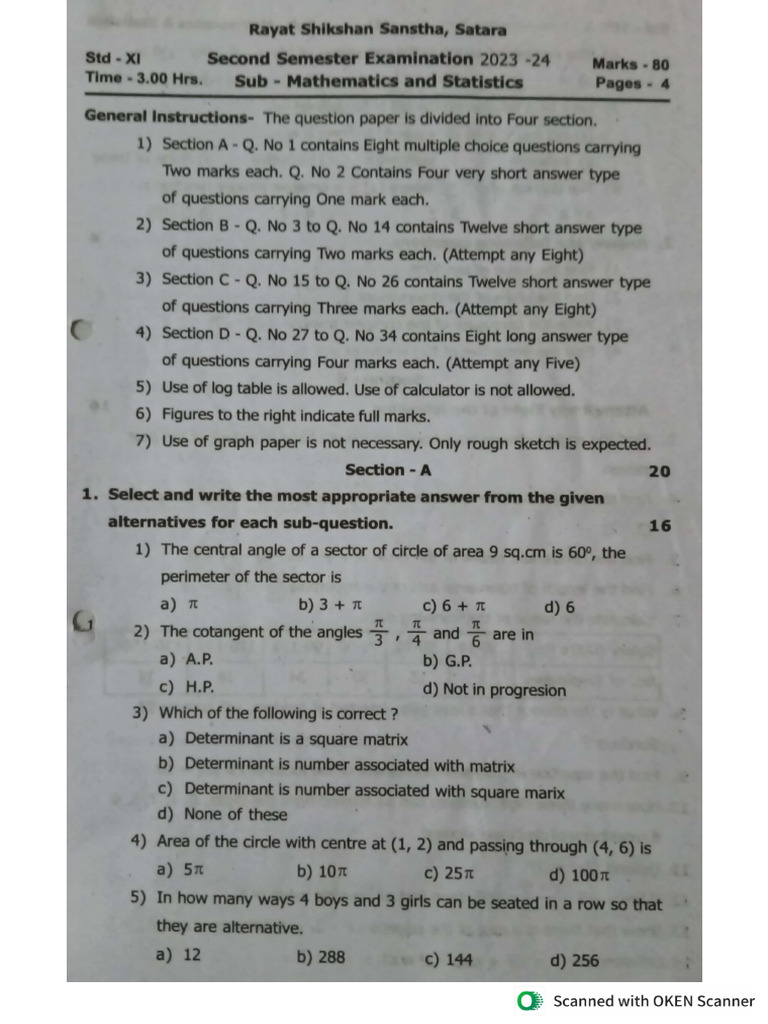 Mathematics Q.P. XI | PDF