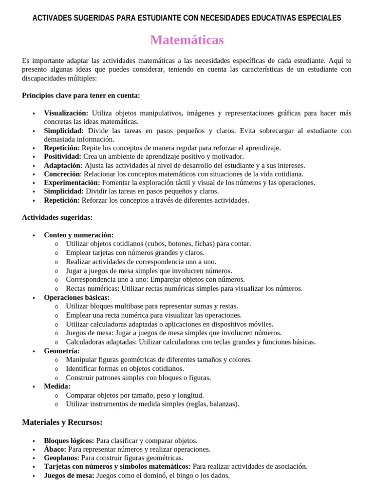Actividades para Estudiantes con Necesidades Especiales | PDF ...