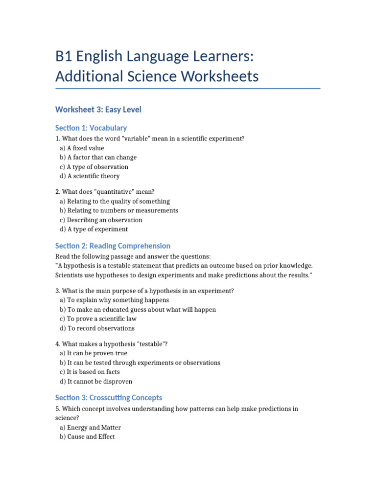Science Worksheets for B1 Learners | PDF | Experiment | Hypothesis