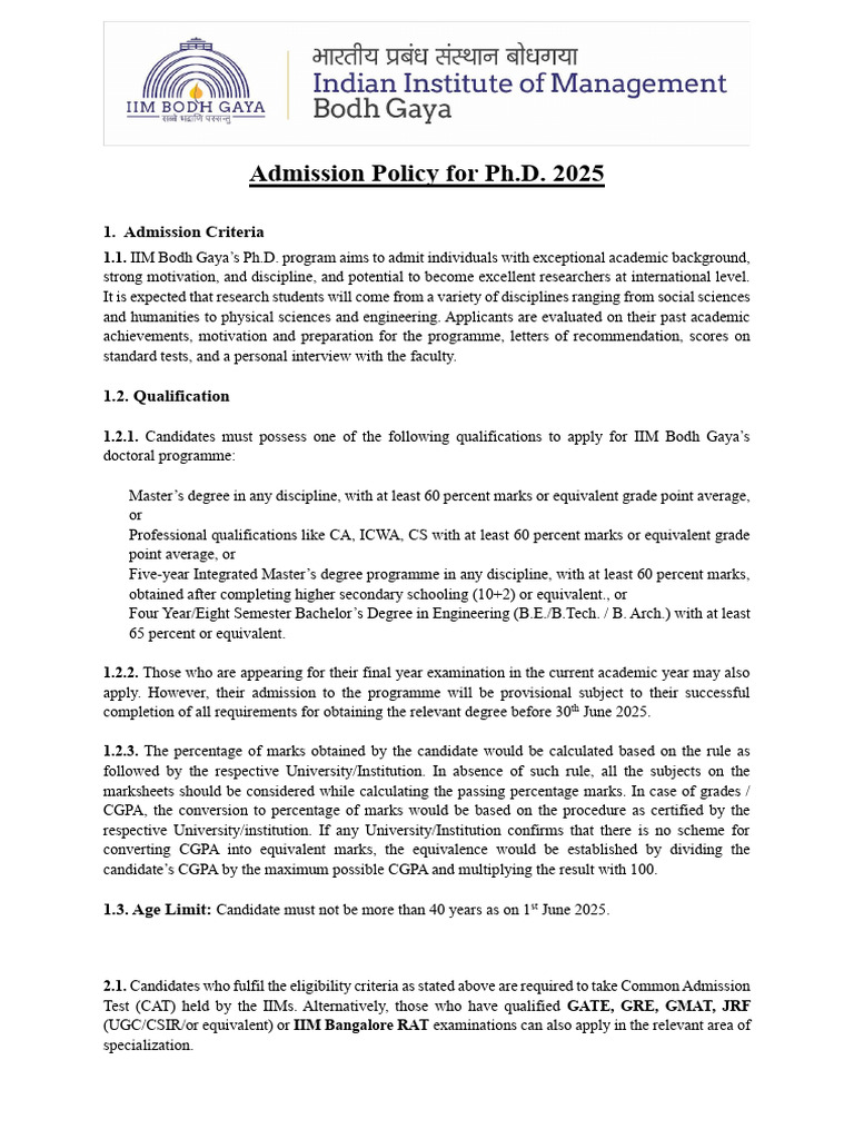 IIM Bodh Gaya PhD Admission 2025 Guide | PDF | University And College ...