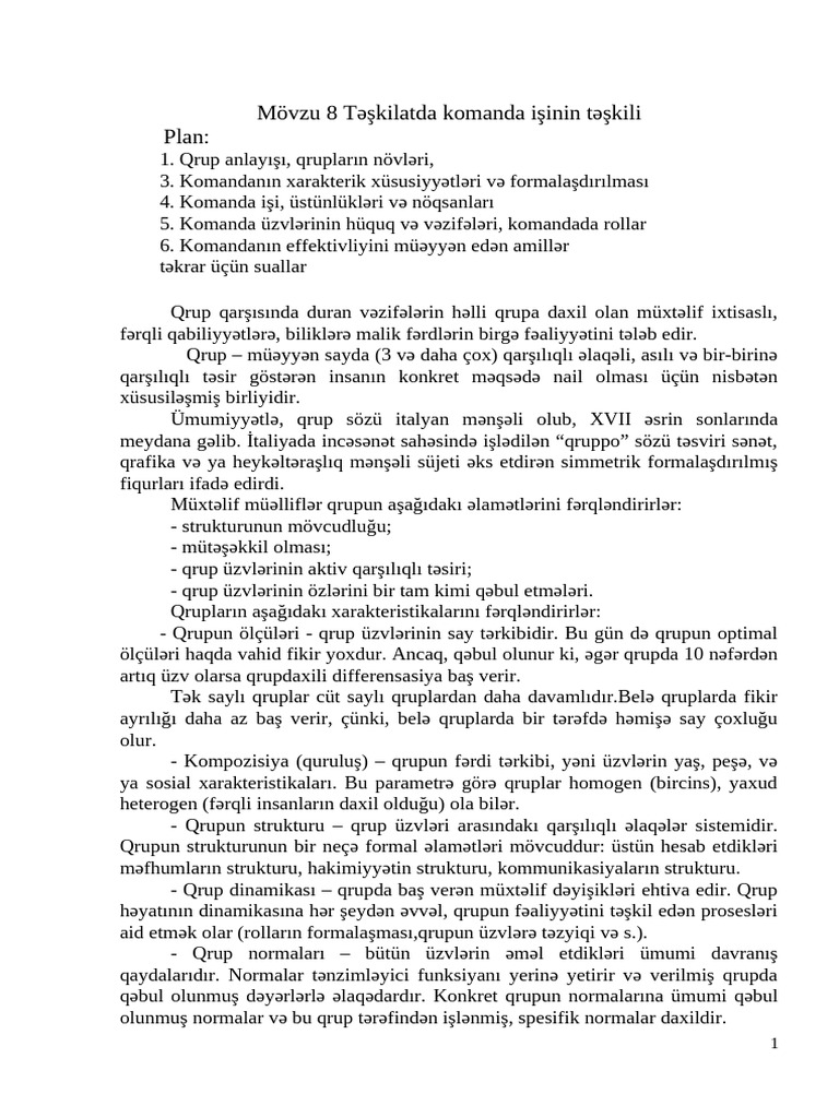 Mövzu 8 Təşkilatda Komanda Işinin Təşkili Plan | PDF