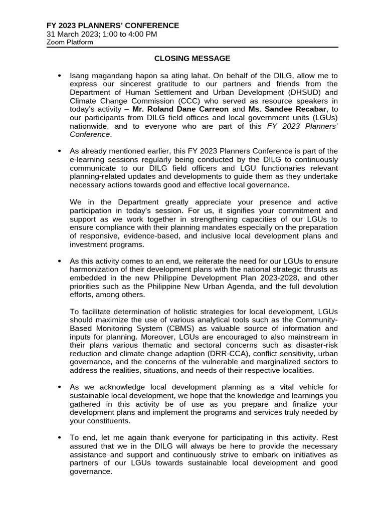 FY 2023 Planners' Conference Summary | PDF | Governance