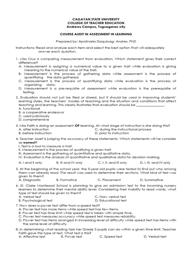 Course Audit: Assessment in Learning | PDF | Level Of Measurement ...