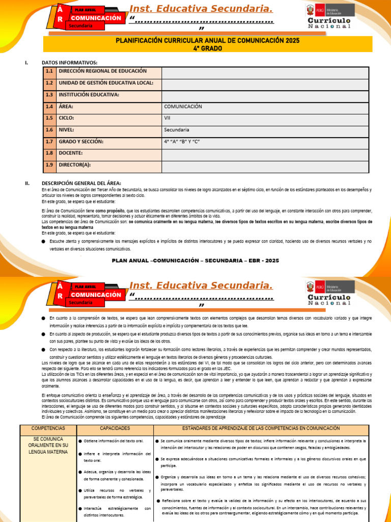 Plan Anual Comunicación Secundaria 2025 | PDF | Comunicación | Aprendizaje