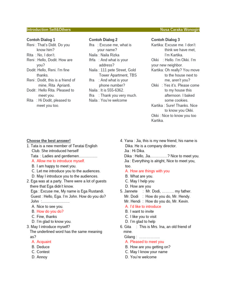 Self-Introduction Dialogues and Exercises | PDF