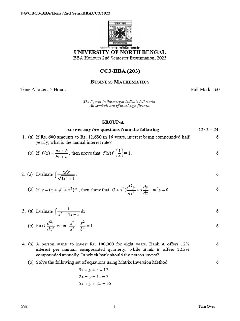 BBA Business Mathematics Exam Questions | PDF | Mathematics | Applied ...