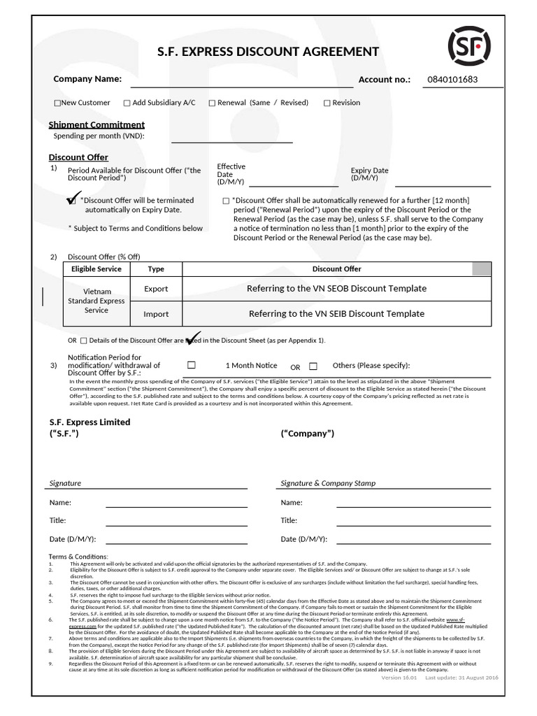 S.F. Express Discount Agreement Form | PDF | Fee | Government Finances