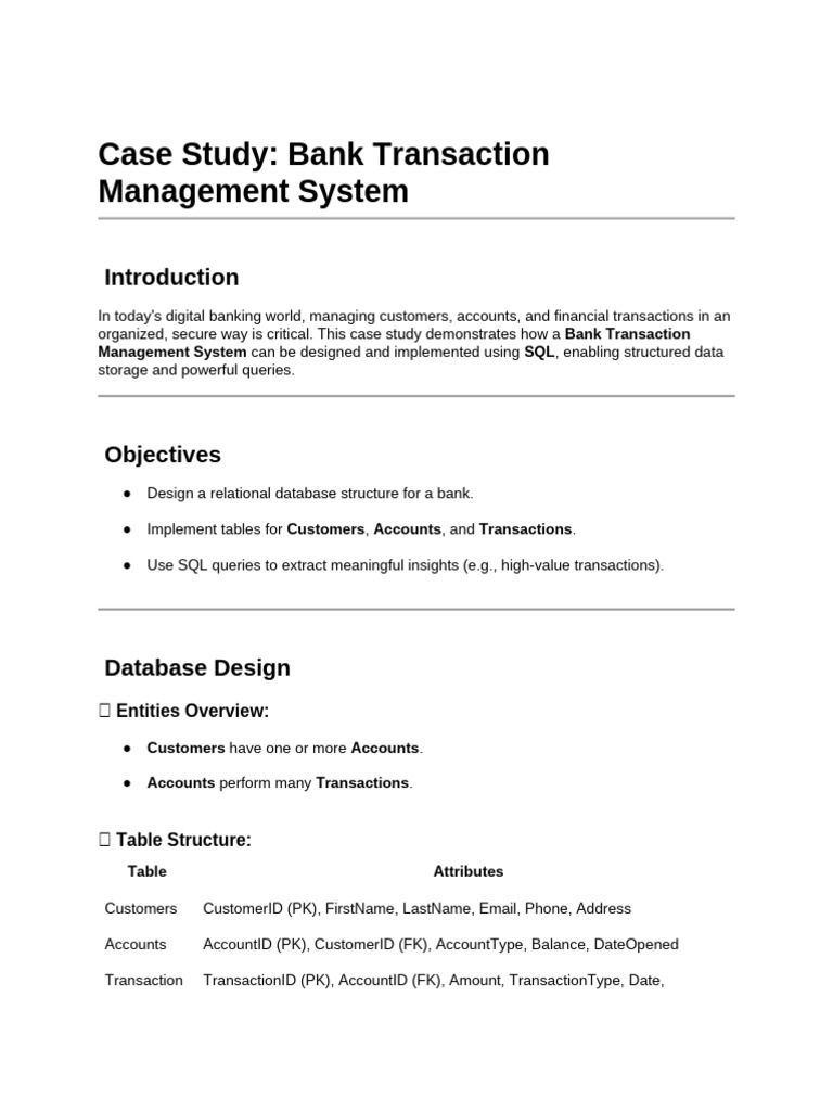 Case Study - Bank Transaction Management System | PDF | Databases ...