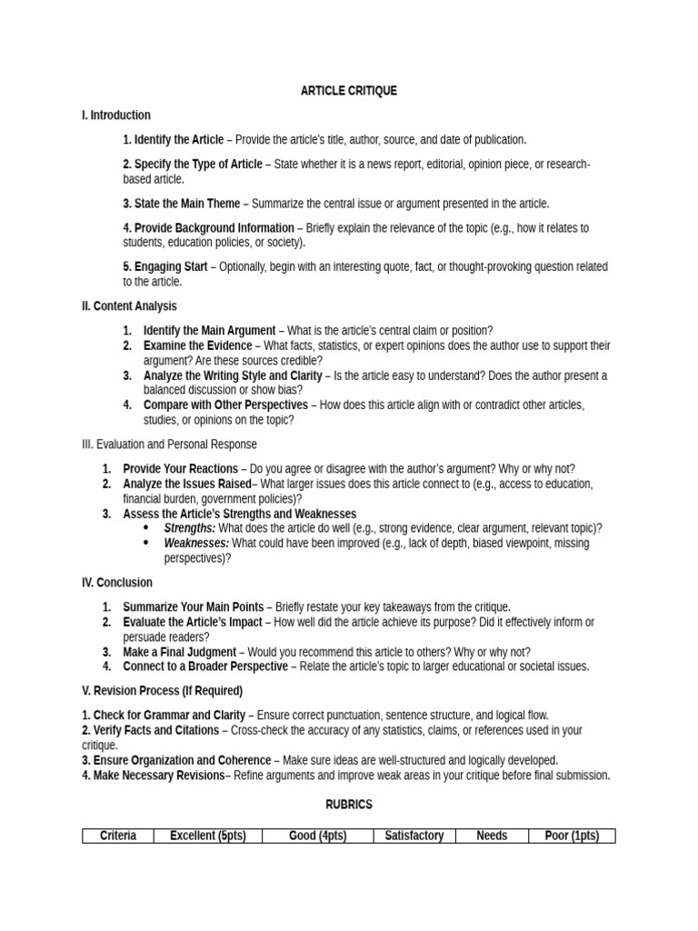 Article Critique Guide and Rubric | PDF | Argument | Evaluation