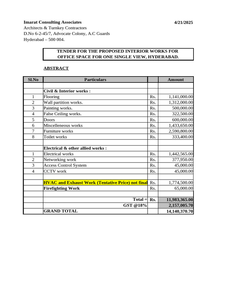Tender for Office Interior Works | PDF | Flooring | Wall