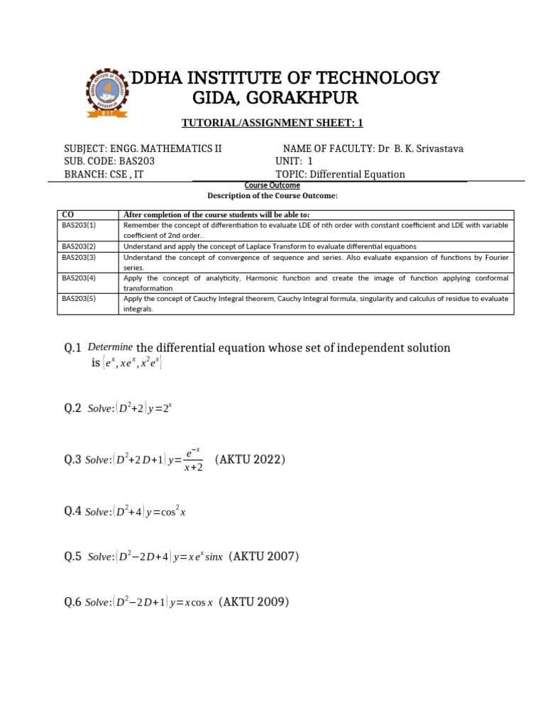 Tutorial 24-25 AND 2023-24 (No.-1 To No-4) Even Sem | PDF | Laplace ...