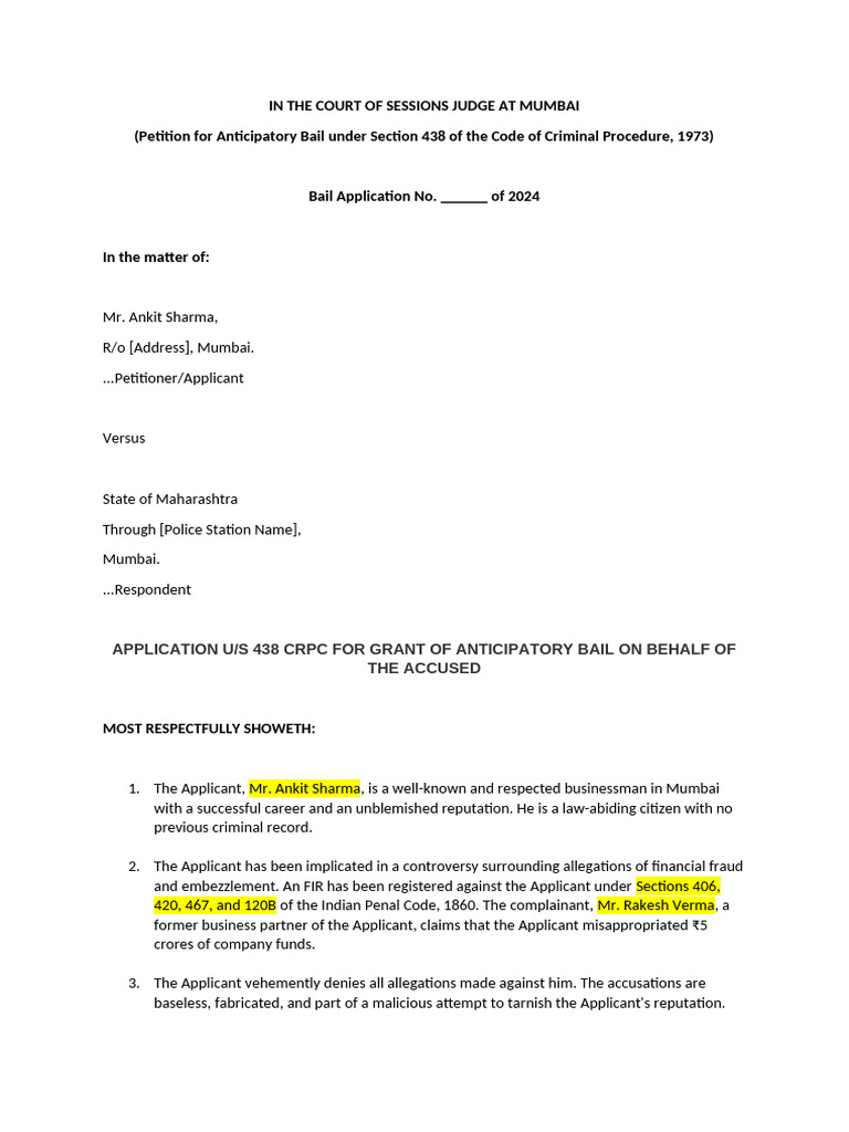 Draft of Anticipatory Bail | PDF | Bail | Arrest