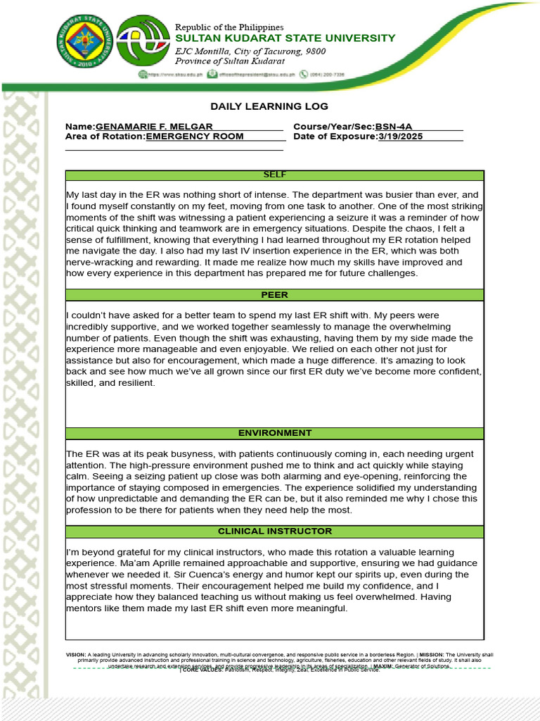 Daily Learning Log: ER Rotation Insights | PDF | Behavioural Sciences ...