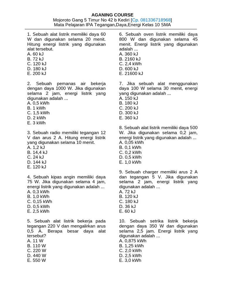 Soal Energi dan Daya Listrik Kelas 10 | PDF