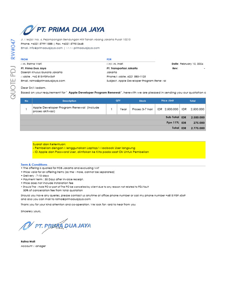 Apple Developer Program Renewal Quote | PDF | Apple Inc.