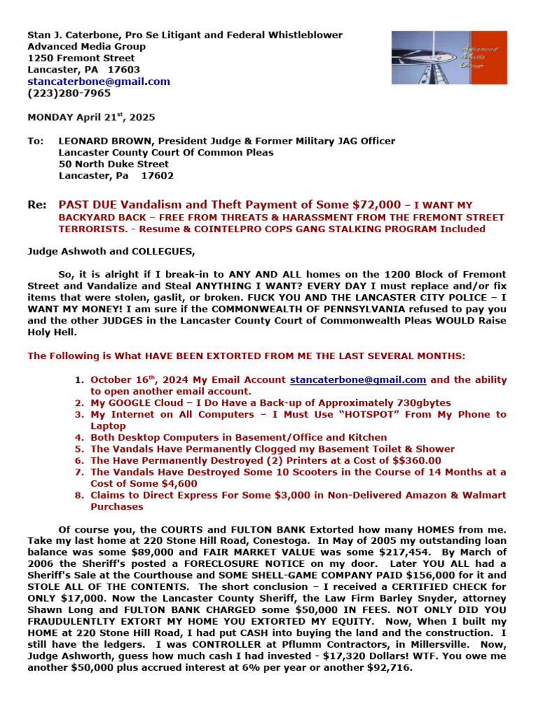 Monday April 21st, 2025 Stan J. Caterbone Letter To President Judge ...