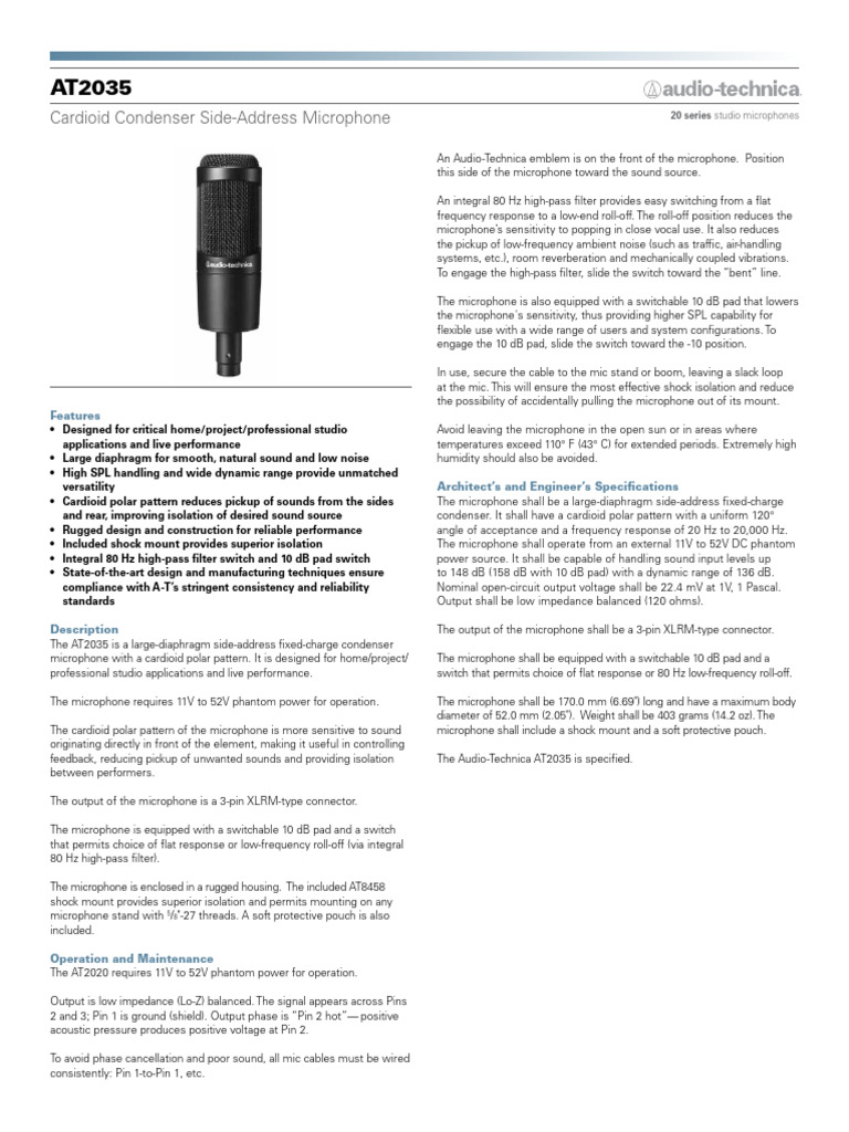 AT2035 Microphone Specifications | PDF | Microphone | Decibel
