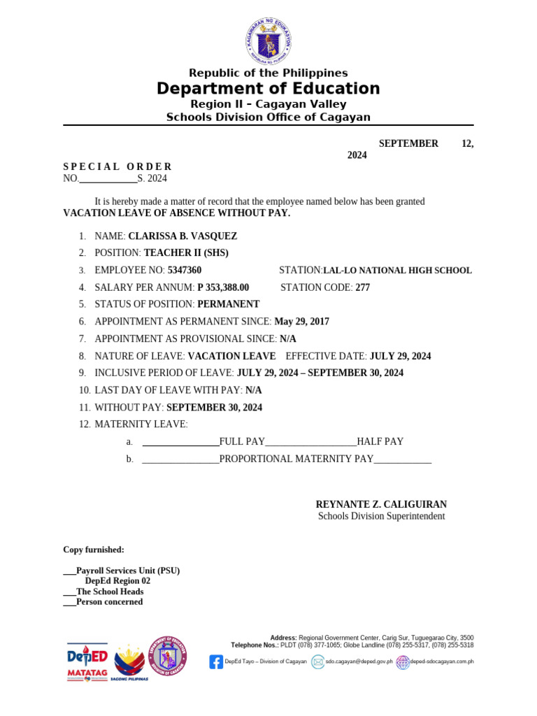 Cagayan Valley Teacher Leave Records | PDF | Working Time | Private Law