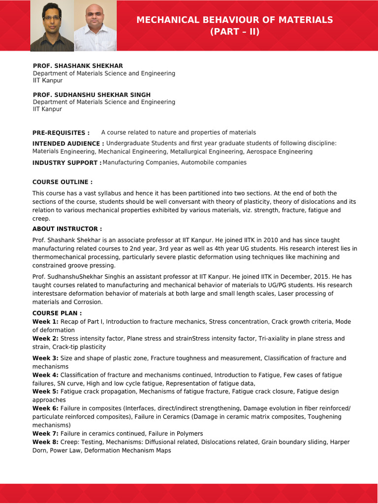 Mechanical Behaviour of Materials Course | PDF | Fatigue (Material ...
